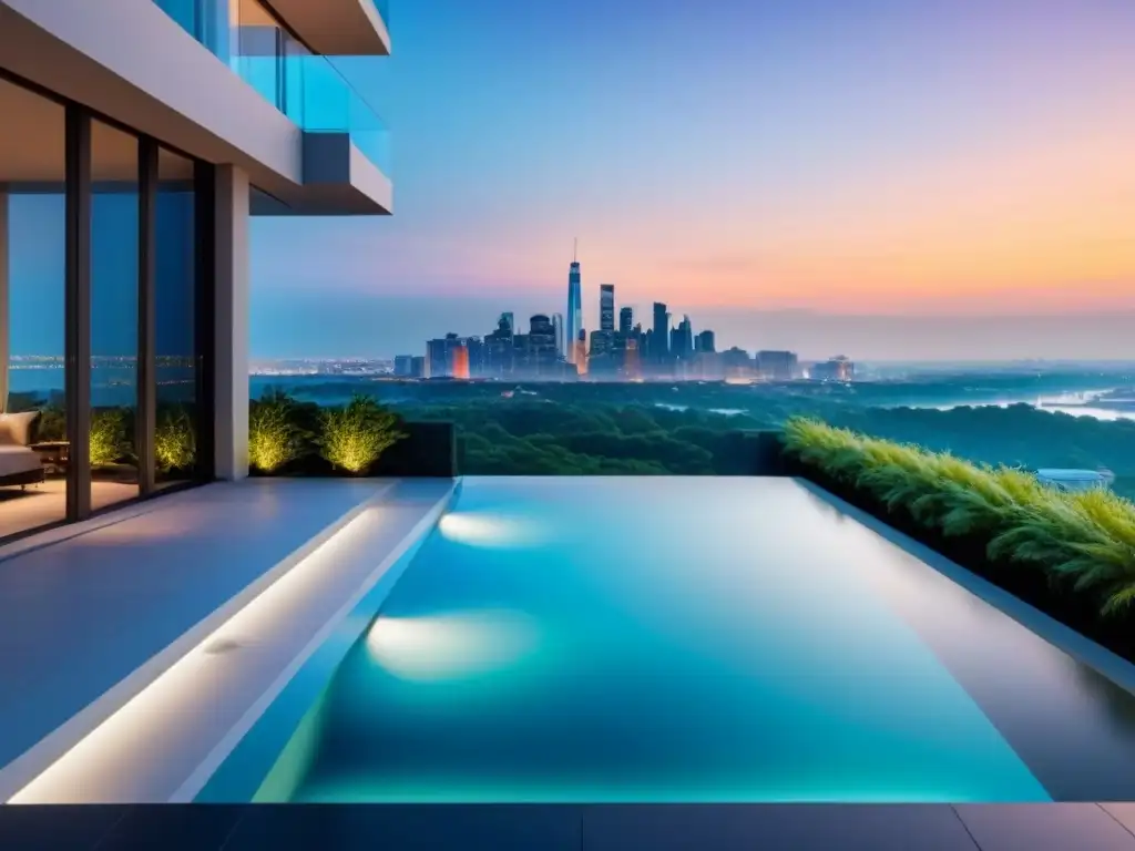 Condominio de lujo: arquitectura moderna con vistas al atardecer Un complejo de condominios de lujo con arquitectura moderna y ventanales que reflejan el horizonte urbano al anochecer