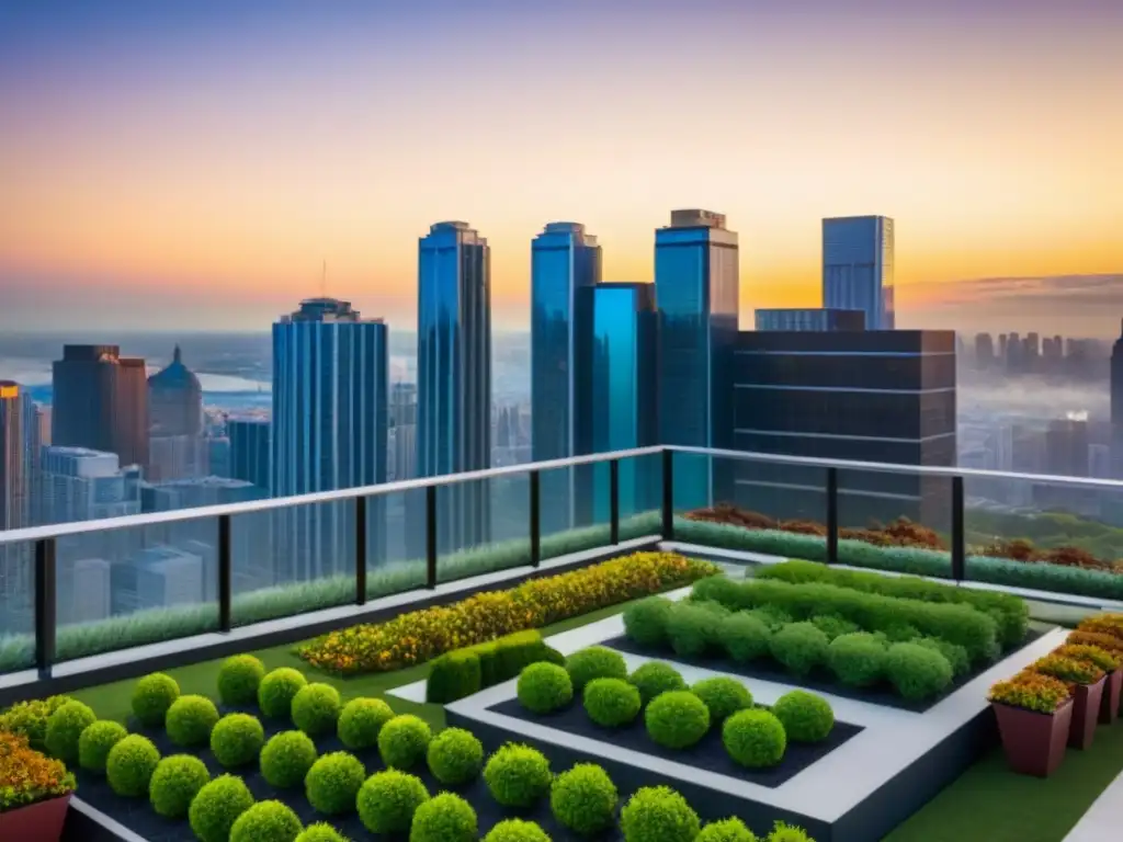 Condominio de lujo en ciudad próspera al atardecer Un complejo de condominios de lujo con jardín en la azotea, en una ciudad vibrante al atardecer