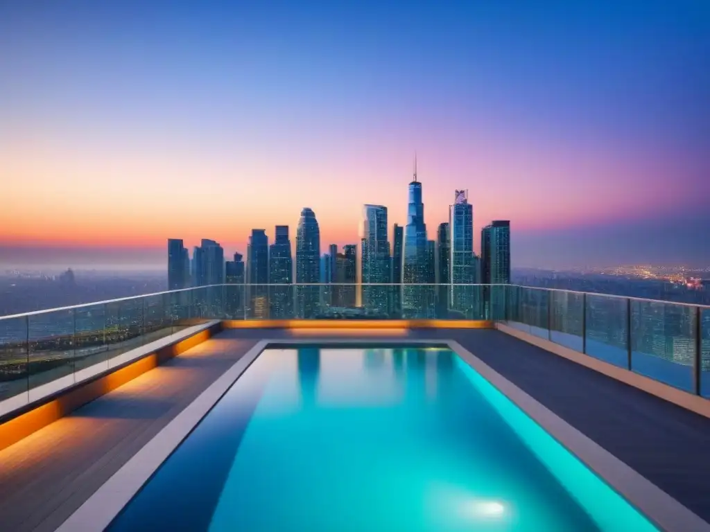 Condominio de lujo en ciudad moderna al anochecer Un complejo de condominios de lujo con diseño arquitectónico elegante, ventanas de piso a techo y una terraza en la azotea con piscina, reflejando un vibrante paisaje urbano al anochecer