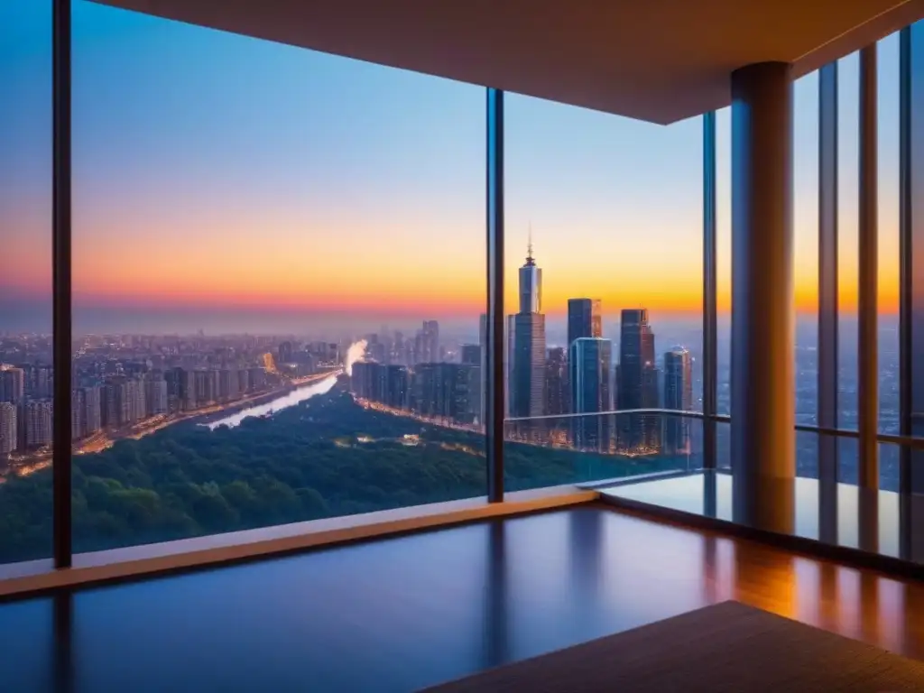 Condominio de lujo en ciudad vibrante al atardecer Un complejo de condominios de lujo y elegante contra el atardecer de una ciudad vibrante