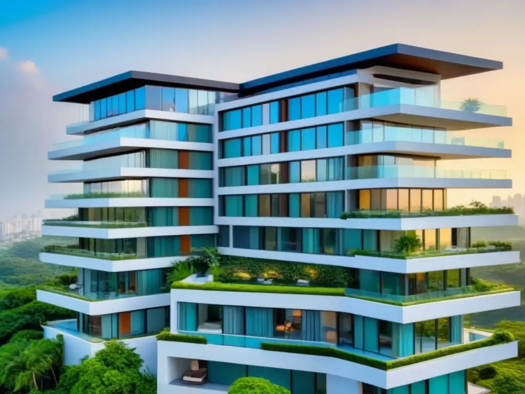 Condominio de lujo con arquitectura moderna y exuberante entorno verde Un complejo de condominios de lujo con fachadas de vidrio, rodeado de exuberante vegetación y reflejando un cielo azul claro