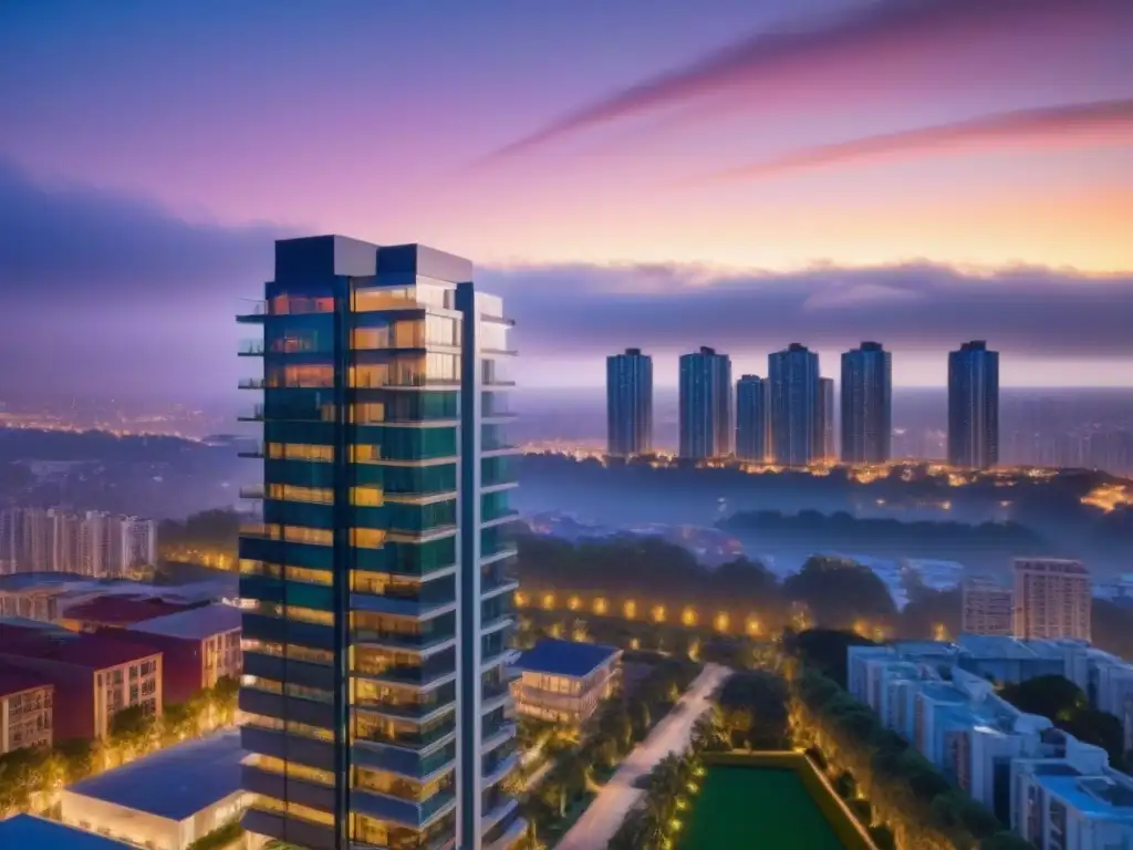 Condominio de lujo al atardecer: modernidad y opulencia urbana Un complejo de condominios de lujo al anochecer, destacando opulencia y modernidad para las mejores oportunidades de inversión inmobiliaria