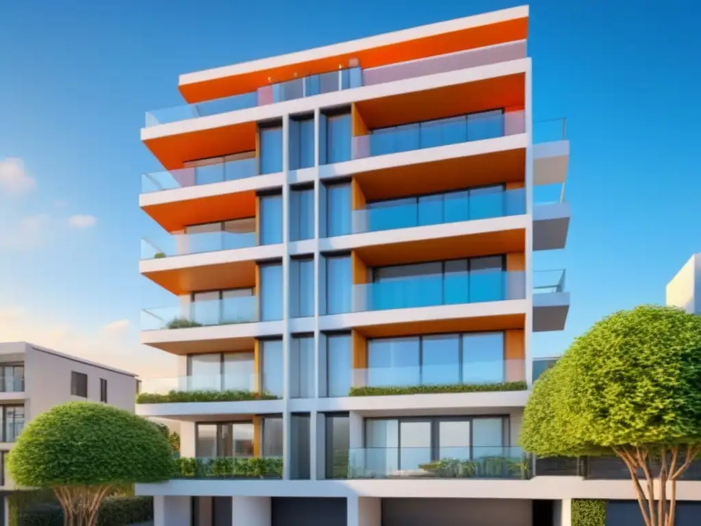 Condominio de lujo: arquitectura moderna y comodidades en la ciudad Complejo de condominios lujosos y modernos bajo un cielo azul, con arquitectura elegante y balcones espaciosos