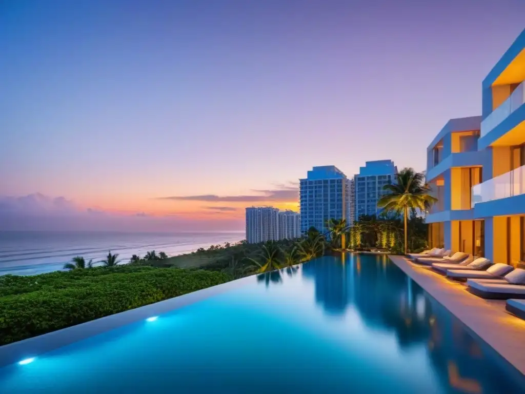 Complejo de lujo con infinity pool en la playa al atardecer Un complejo de condominios modernos de lujo con piscina infinita en la azotea, palmeras y playa al atardecer