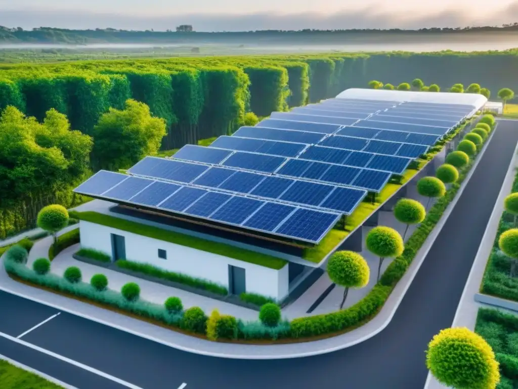 Complejo ecoamigable: arquitectura moderna en armonía con la naturaleza Un complejo ecoamigable rodeado de vegetación, paneles solares brillantes, turbinas eólicas y vehículos eléctricos