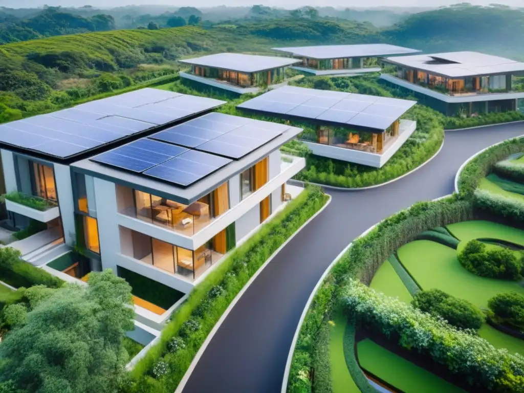 Arquitectura ecoamigable: innovación y sostenibilidad en comunidad Un complejo ecológico rodeado de vegetación, paneles solares brillando y personas disfrutando