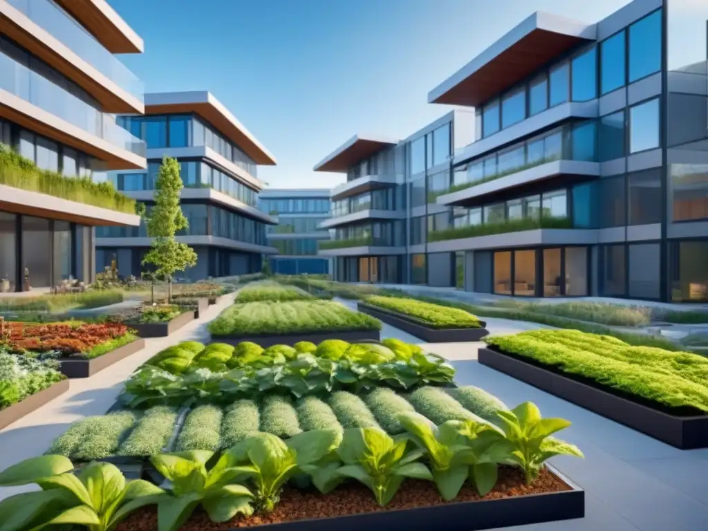 Complejo ecoamigable: arquitectura sostenible y naturaleza exuberante Un complejo ecológico sostenible rodeado de vegetación bajo un cielo azul