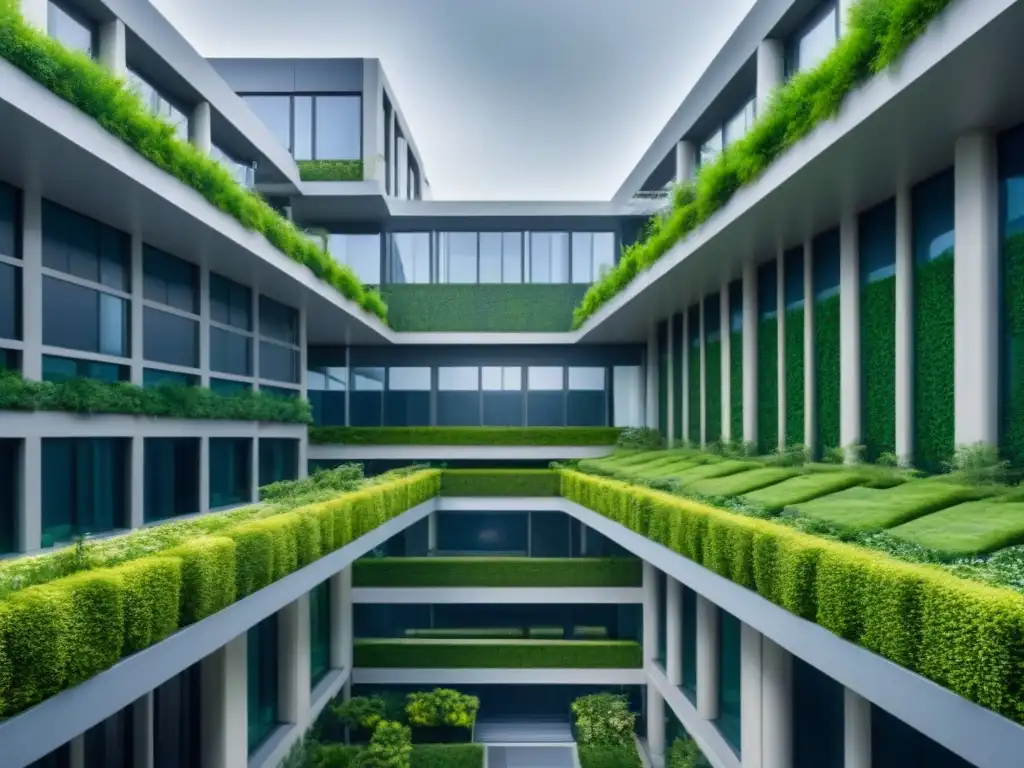 Complejo verde futurista: arquitectura sostenible en 8k Complejo de edificaciones verdes en economía circular con jardines verticales exuberantes y paneles solares en los techos