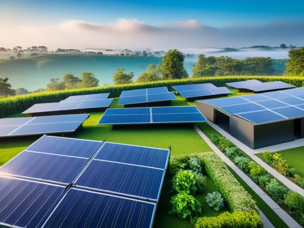 Innovación sostenible: complejo ecoamigable con paneles solares y jardín en la azotea Complejo de edificaciones verdes con paneles solares, jardín en la azotea y arquitectura moderna