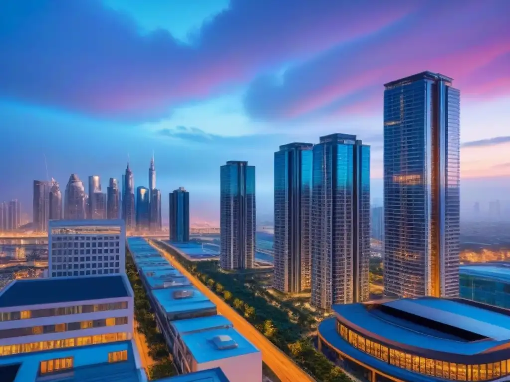Rascacielos de lujo al anochecer: reflejos urbanos Complejo de edificios de alto standing al anochecer con arquitectura moderna, reflejando luces de la ciudad y un paisaje urbano vibrante