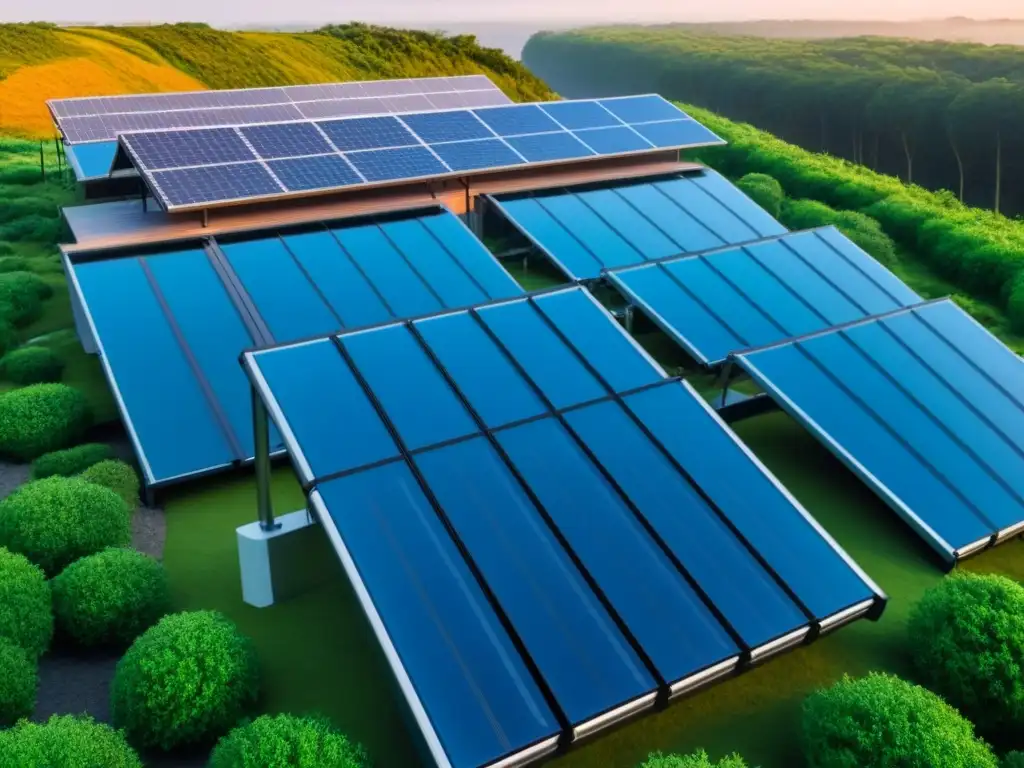 Edificio eco-sostenible: innovación y armonía ambiental Un complejo de edificios ecológicos rentables con paneles solares, rodeado de vegetación y cielo azul claro