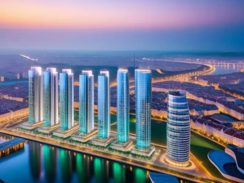 Complejo futurista de rascacielos en Europa del Este Un complejo de edificios futuristas con diseño innovador y luces LED en una ciudad bulliciosa de Europa del Este