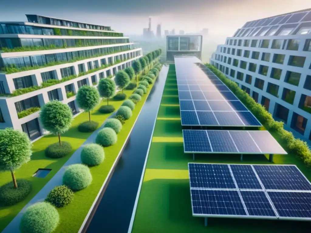 Complejo arquitectónico verde futurista y sostenible en 8k Complejo de edificios futuristas y sostenibles con tecnología verde en bienes raíces