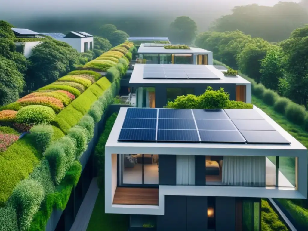 Complejo futurista sostenible con diseño ecoeficiente Complejo de edificios futuristas sostenibles rodeados de vegetación, muestra innovación y ecoconstrucción en el mercado inmobiliario