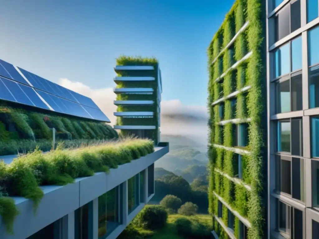 Complejo sustentable futurista: tecnología verde integrada Un complejo de edificios futuristas sostenibles con tecnología inteligente y propiedades ecológicas