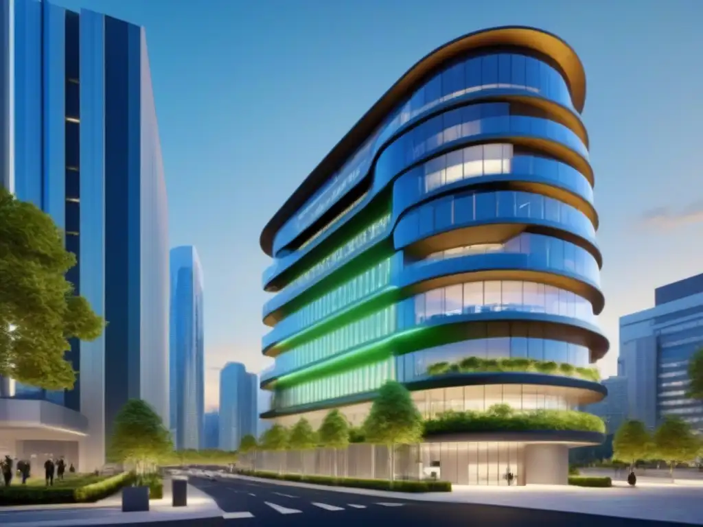 Edificio inteligente del futuro: tecnología avanzada y sostenibilidad Un complejo de edificios futuristas con tecnología de automatización, representando eficiencia y sostenibilidad en la gestión inmobiliaria