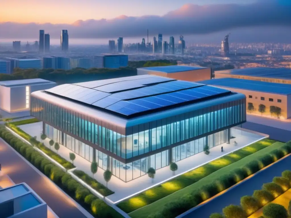 Complejo futurista: seguridad avanzada y diseño innovador Un complejo de edificios inteligentes futuristas con avanzadas medidas de seguridad global