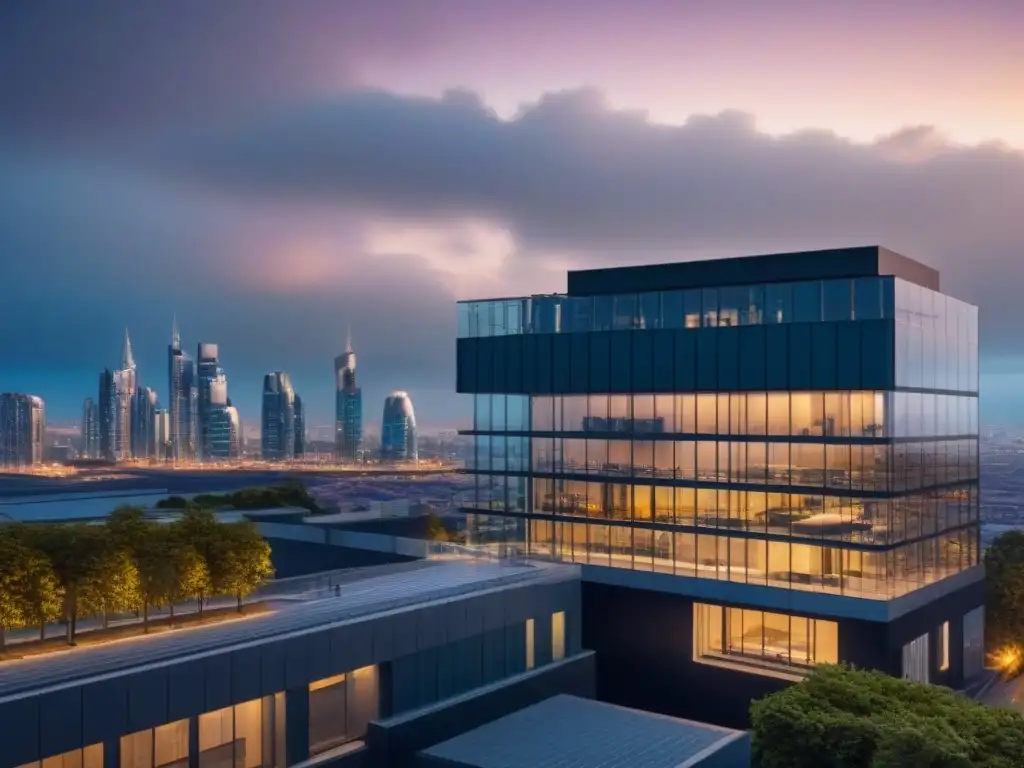 Complejo futurista: seguridad y tecnología integradas Un complejo de edificios inteligentes con seguridad global, fusionando tecnología y arquitectura en un diseño innovador