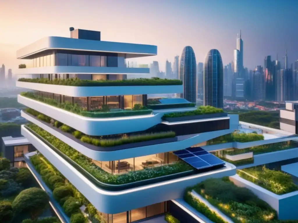 Complejo arquitectónico futurista sostenible: diseño eco-amigable en 8k Complejo de edificios inteligentes sostenibles internacionales con diseño futurista y ecoamigable, paneles solares y jardines en la azotea