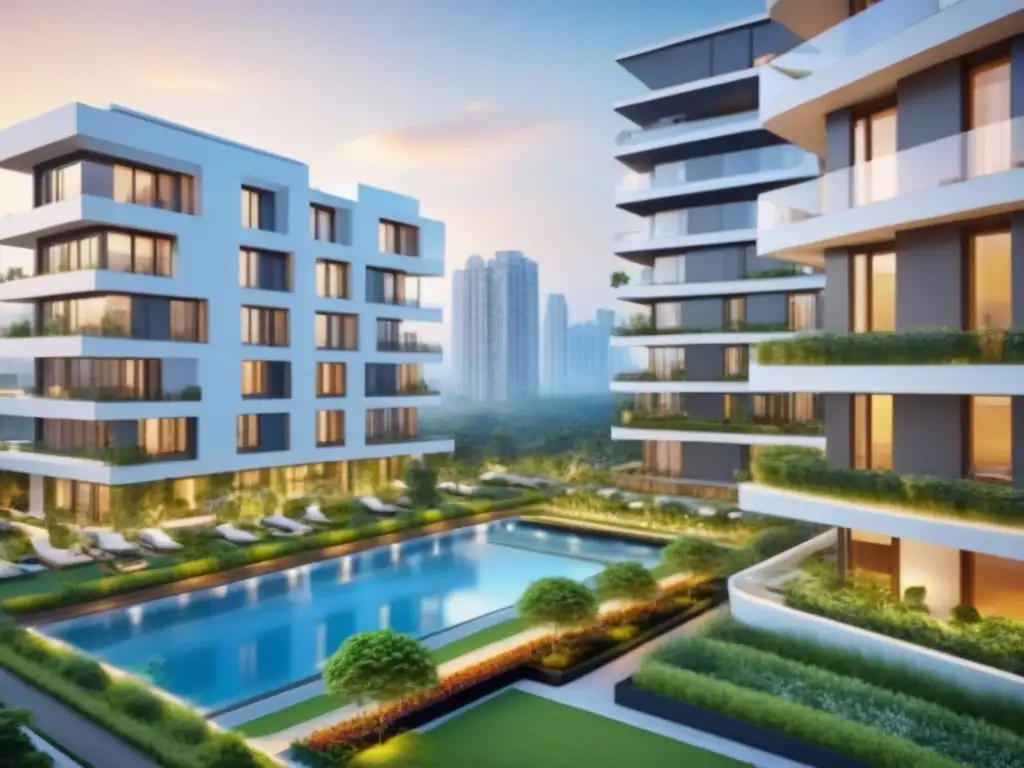 Un complejo de edificios modernos en una ciudad emergente, con arquitectura elegante y jardines en la azotea