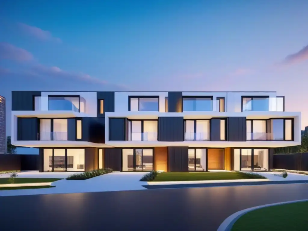 Innovador complejo arquitectónico modular: diseño futurista y versátil Un complejo de edificios modulares de vanguardia que destaca la arquitectura futurista con líneas limpias y elementos de diseño innovadores