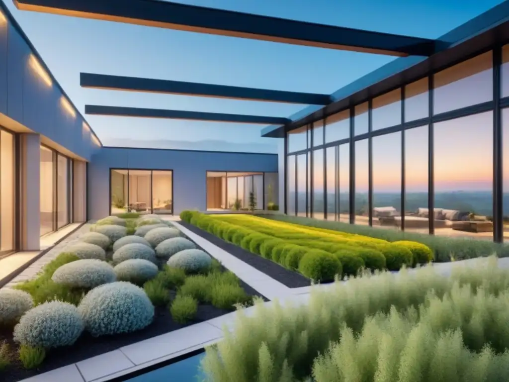 Complejo de edificios sostenibles con características verdes innovadoras rodeado de vegetación exuberante y cielo azul