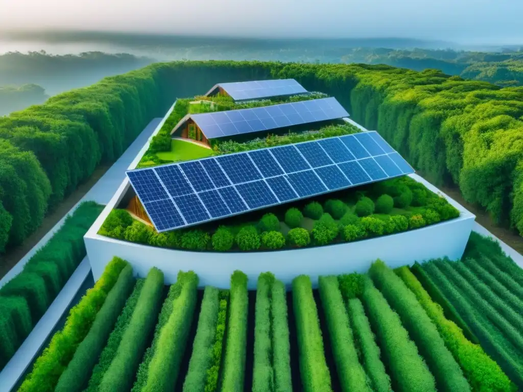 Complejo sostenible: arquitectura verde y eficiente Un complejo de edificios sostenibles con certificaciones LEED y BREEAM, techos verdes, paneles solares y sistemas eficientes