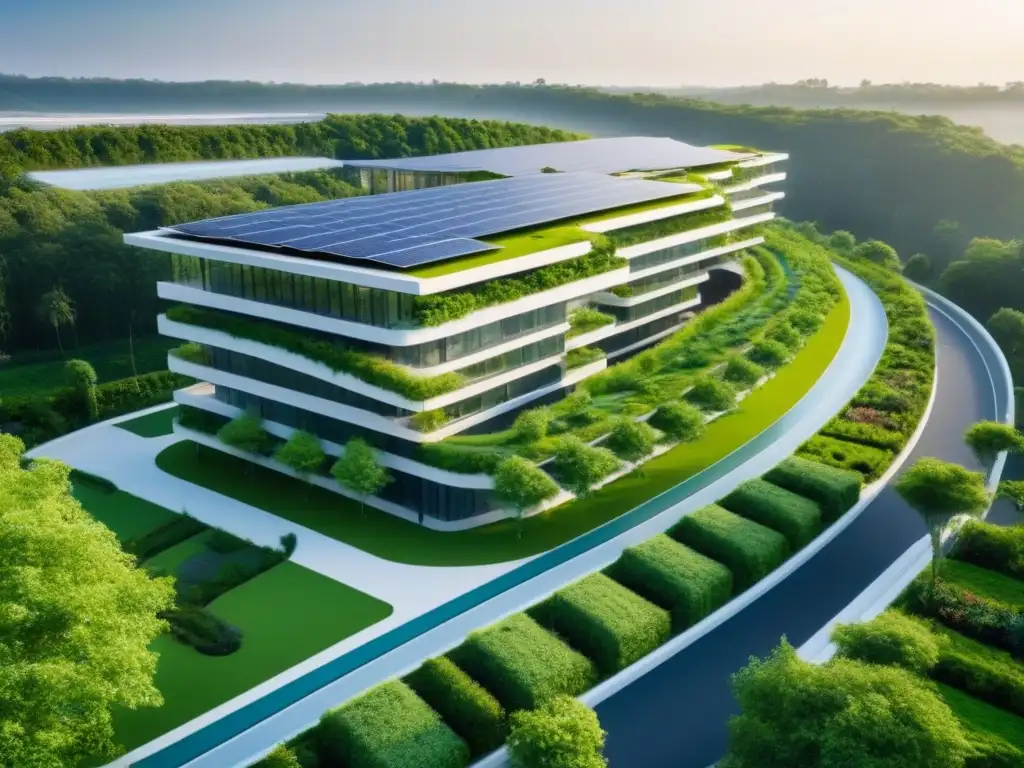 Complejo sostenible: diseño ecoamigable y moderno Un complejo de edificios sostenibles con certificaciones LEED y BREEAM, integrando vegetación, paneles solares y diseño innovador