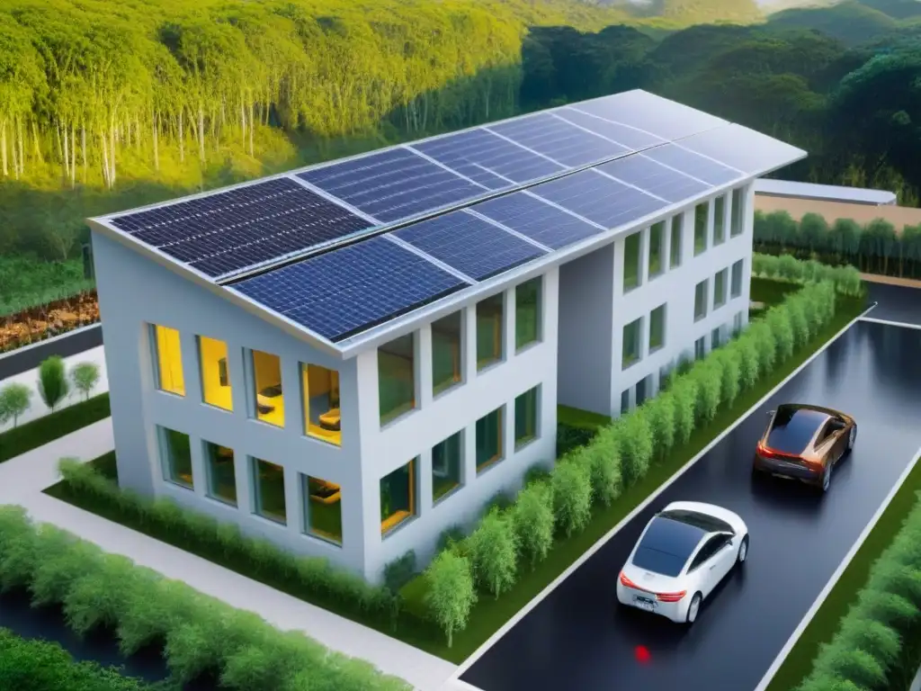 Complejo ecológico: arquitectura sostenible en armonía con la naturaleza Complejo de edificios sostenibles con energía solar y estaciones de carga para autos eléctricos