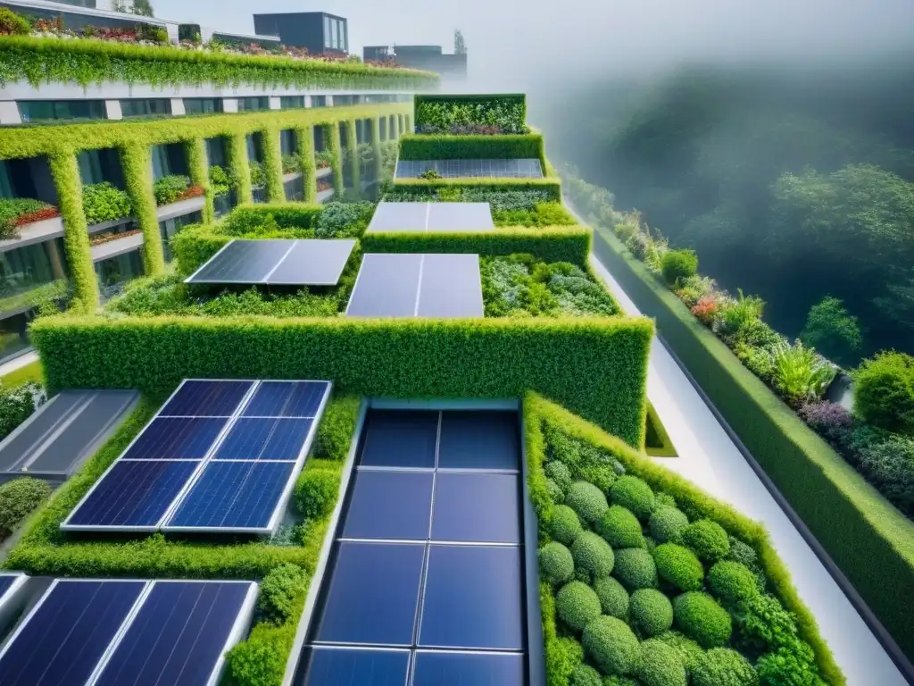 Complejo eco-sostenible: arquitectura verde y tecnología innovadora Un complejo de edificios sostenibles con paneles solares y jardines verticales