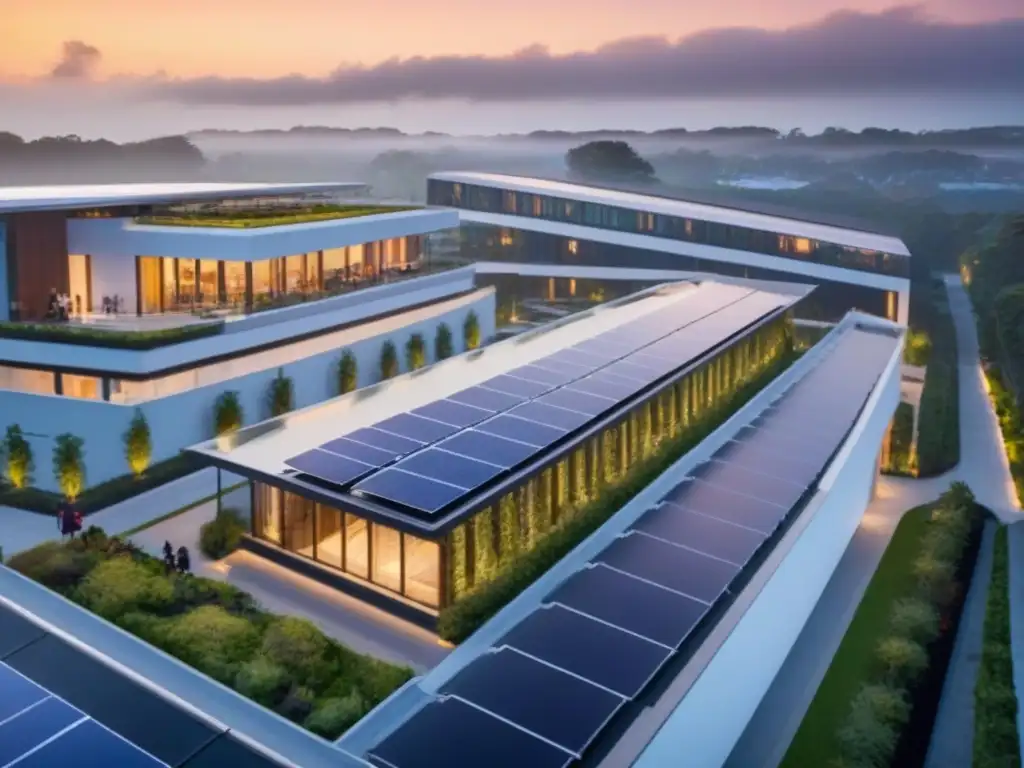 Edificio sostenible LEED: arquitectura moderna y naturaleza en armonía Un complejo de edificios sostenibles con certificación LEED, paneles solares, jardines verdes en azoteas y una red de ciclovías al atardecer