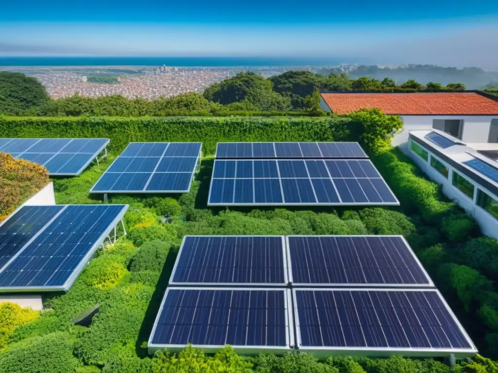 Complejo sostenible: diseño vanguardista con energía solar y jardín verde Un complejo de edificios sostenibles con paneles solares, jardín en la azotea y ventanas reflejando el cielo azul