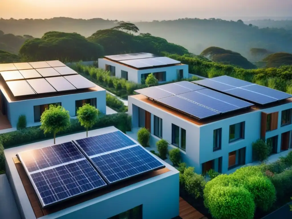 Complejo ecológico: arquitectura sostenible en armonía con la naturaleza Un complejo de edificios sostenibles rodeado de vegetación exuberante, con paneles solares y sistemas de recolección de agua