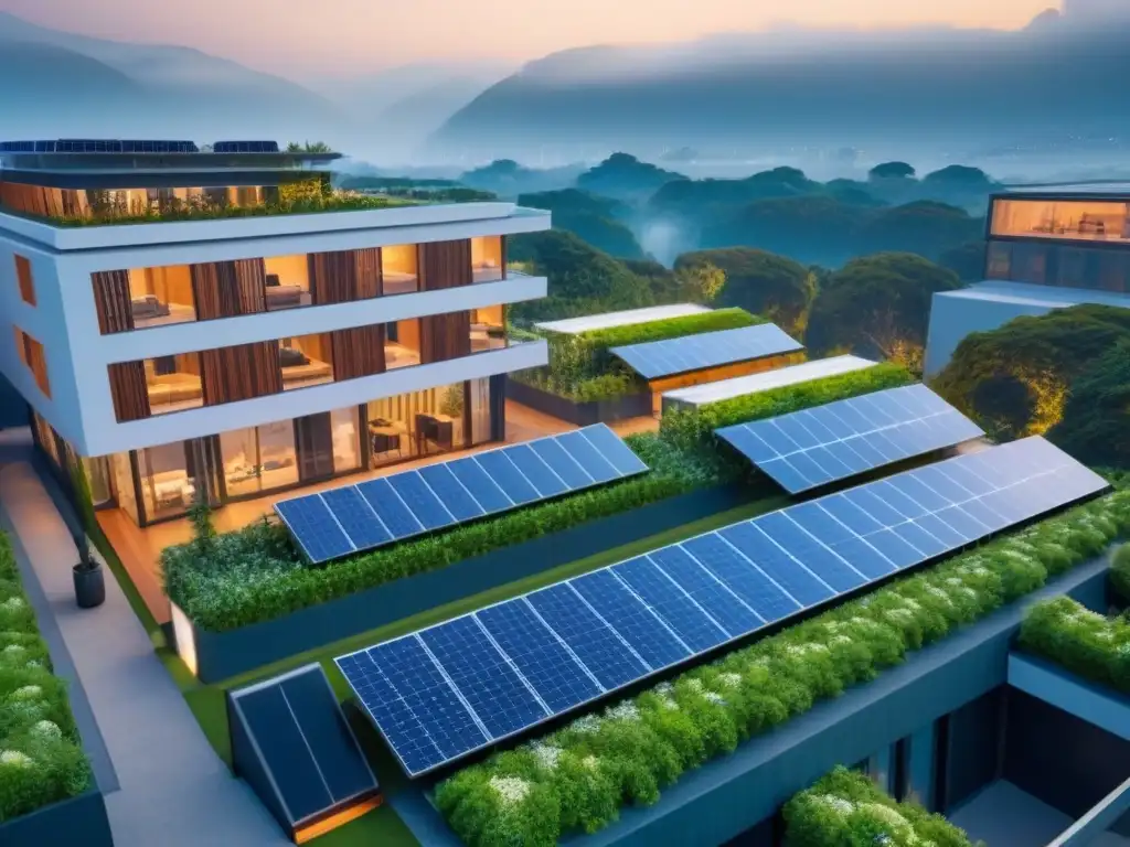 Complejo ecoamigable: arquitectura sustentable y vida urbana verde Un complejo de edificios sostenibles rodeados de vegetación, paneles solares brillando bajo un cielo azul