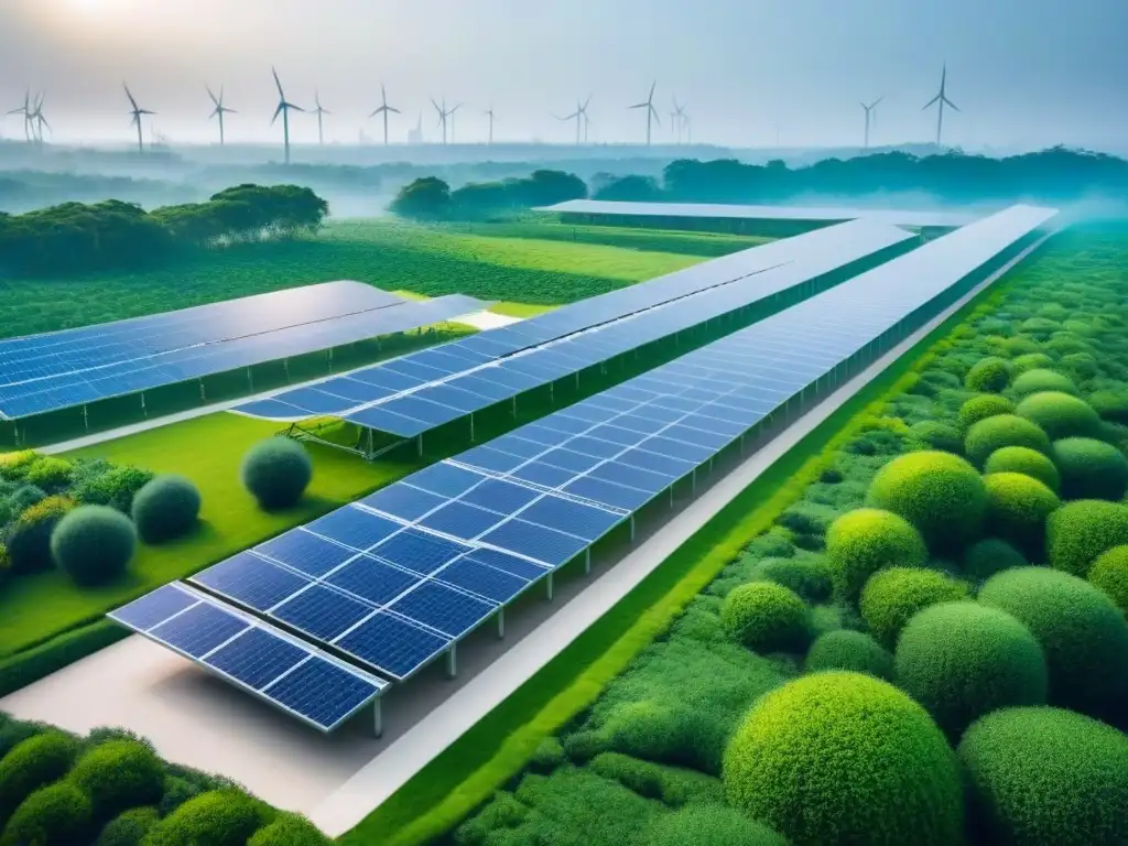 Complejo verde futurista: armonía entre naturaleza y tecnología Un complejo de edificios verdes futuristas con paneles solares, jardines en azoteas y turbinas eólicas integradas