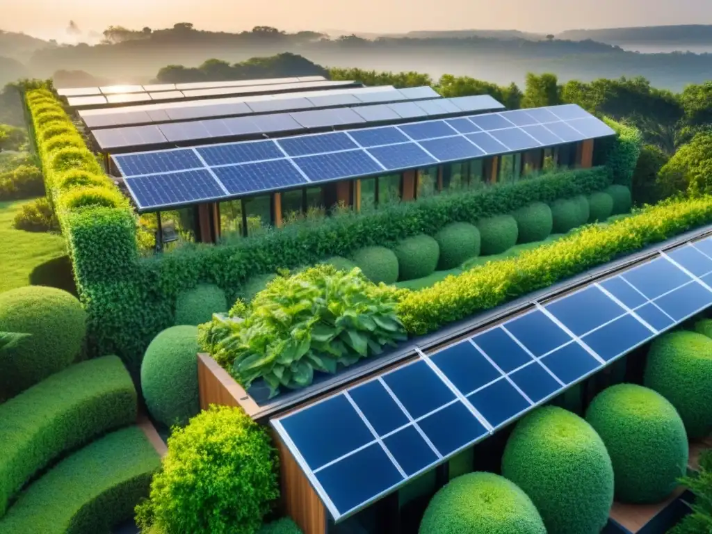 Un complejo de edificios verdes sostenibles con paneles solares brillando bajo la luz del sol, rodeado de vegetación exuberante y paisajismo ecológico