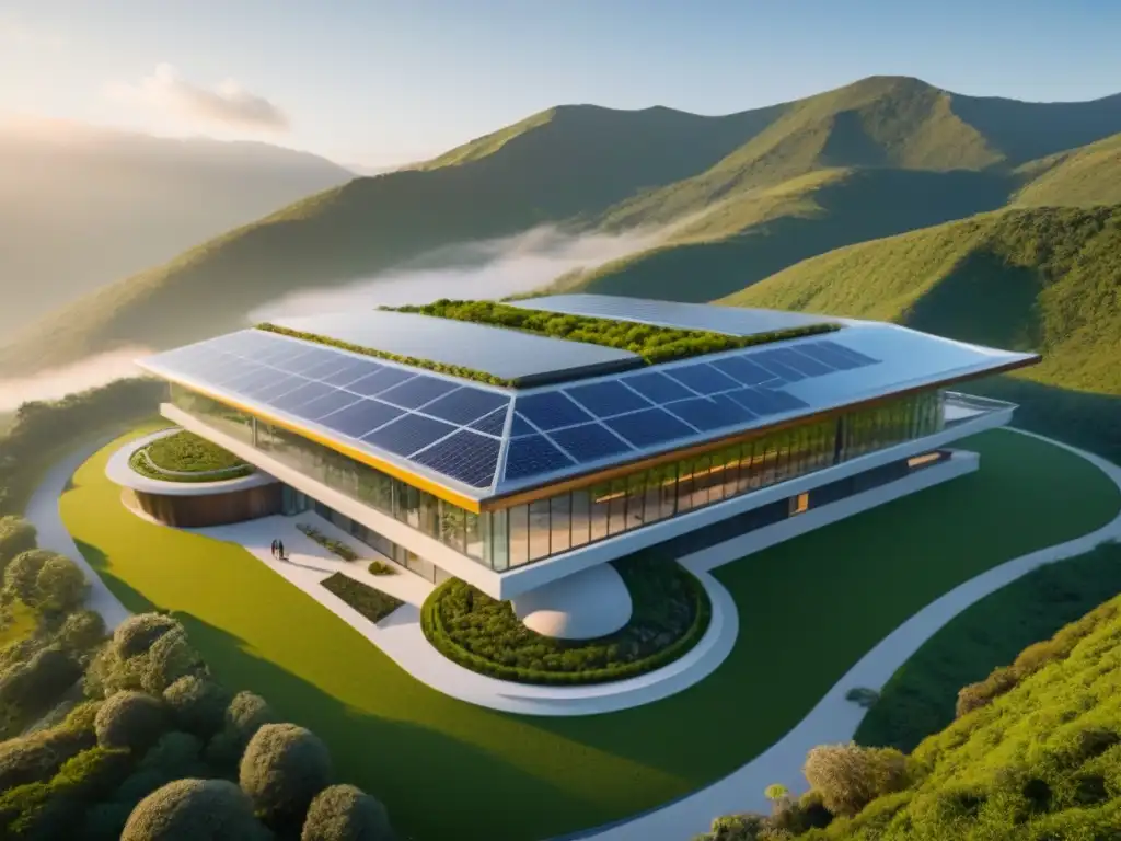 Complejo educativo turístico futurista en entorno natural Un complejo educativo turístico futurista en medio de montañas verdes, con diseño arquitectónico innovador