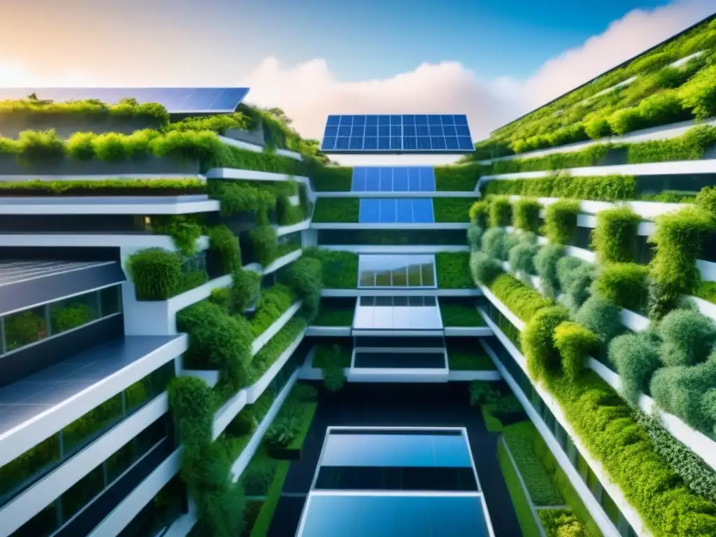 Complejo futurista sostenible: diseño ultradetallado en 8k Complejo futurista de alta tecnología y sostenibilidad con paneles solares, jardines verticales y pasarelas de vidrio