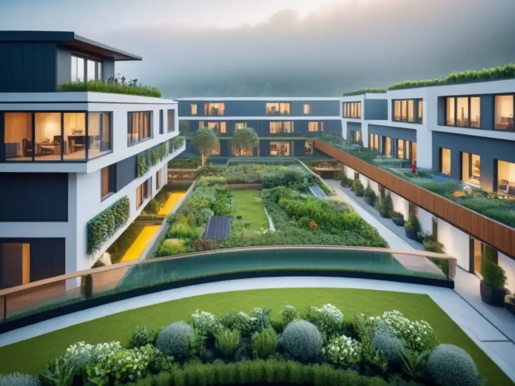Cohousing futurista eco-amigable: diseño innovador en 8k Un complejo de cohousing futurista postCOVID con diseño innovador y espacios comunes ecoamigables