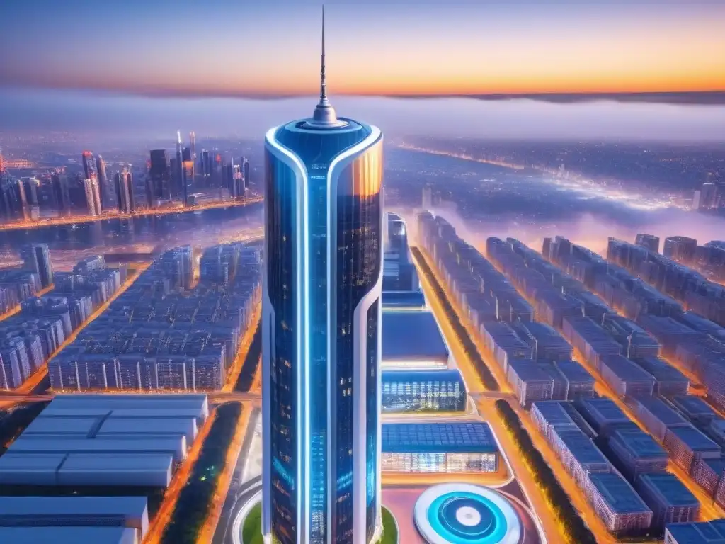 Complejo futurista: innovación inmobiliaria internacional Complejo futurista con automatización para gestión inmobiliaria internacional en ciudad vibrante