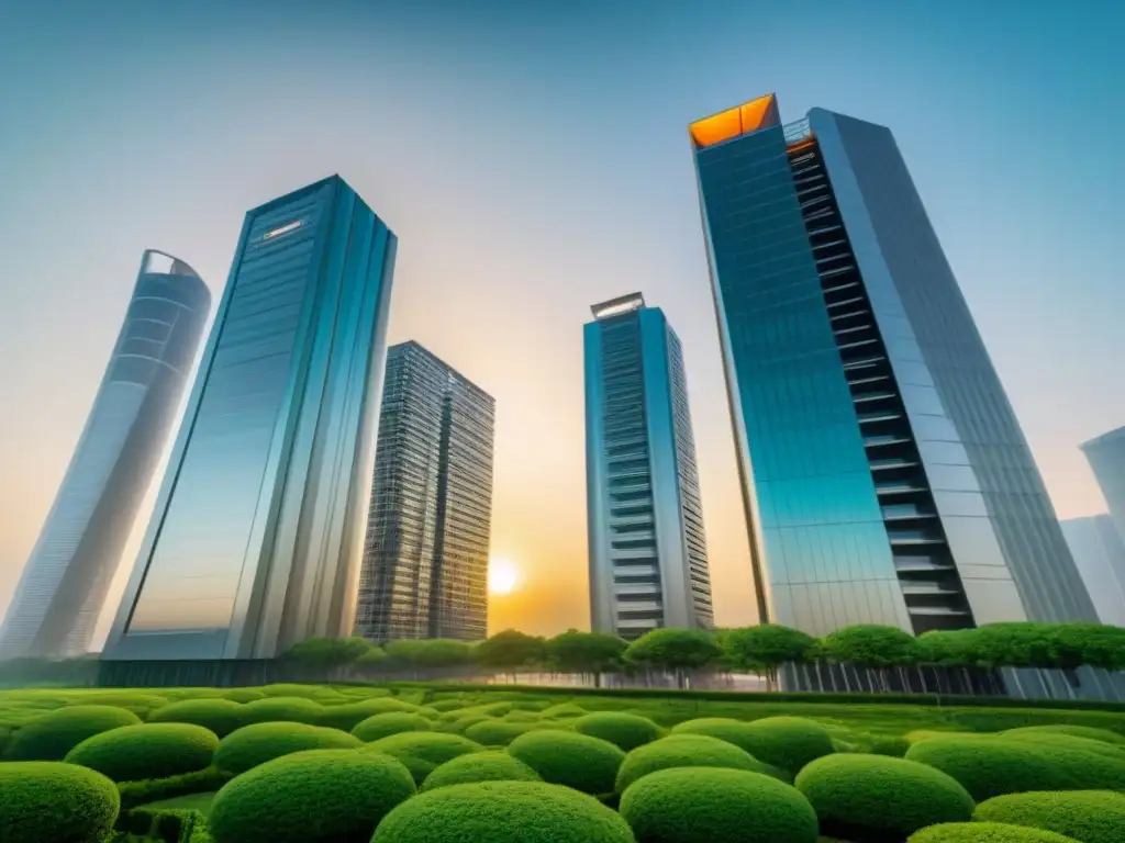 Edificio futurista internacional: fusión arquitectónica en 8k Un complejo futurista de rascacielos con arquitectura multicultural, simbolizando colaboraciones internacionales en mercado inmobiliario