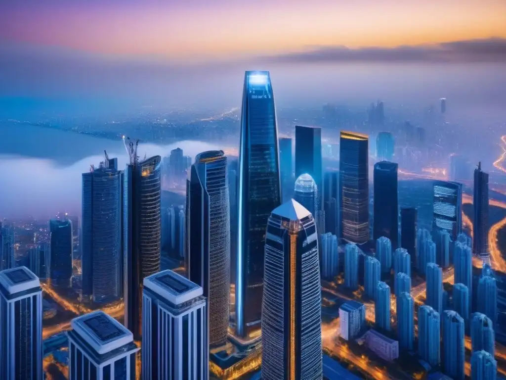 Complejo futurista de rascacielos en ciudad vibrante al anochecer Un complejo futurista de rascacielos en mercados emergentes, con profesionales discutiendo animadamente al atardecer