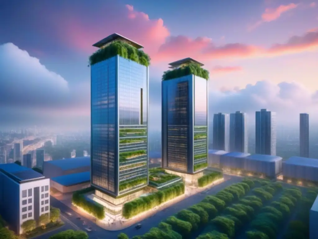 Complejo futurista ecoamigable: arquitectura moderna con tecnología verde Un complejo futurista de rascacielos con vegetación, en armonía con plataformas de gestión de nube sostenible