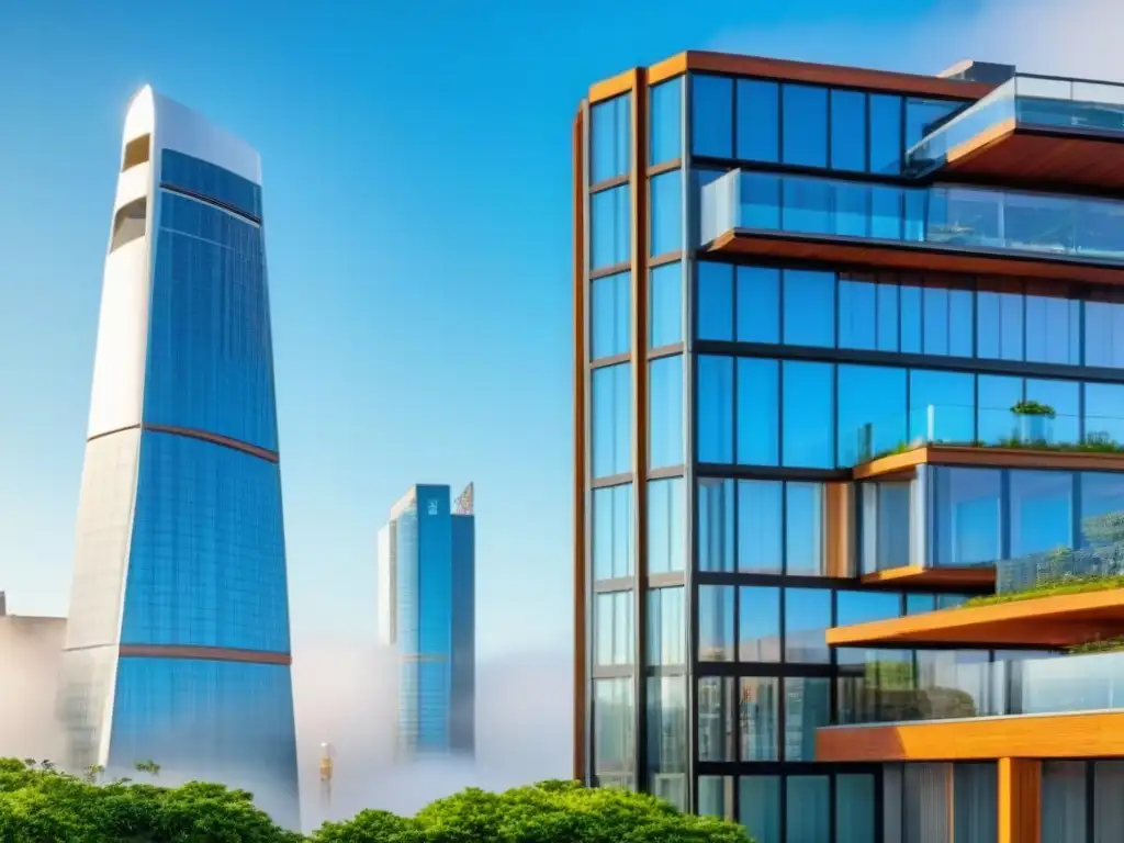 Complejo futurista sostenible: innovación y diseño energético Un complejo futurista de rascacielos sostenibles, con diseño innovador y tecnología avanzada