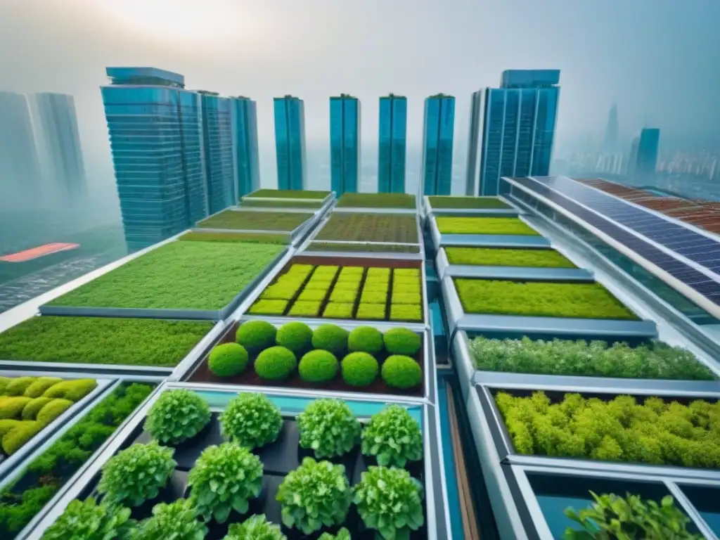 Complejo futurista sostenible: arquitectura verde 8k Un complejo futurista de rascacielos sostenibles con techos verdes, paneles solares y jardines verticales