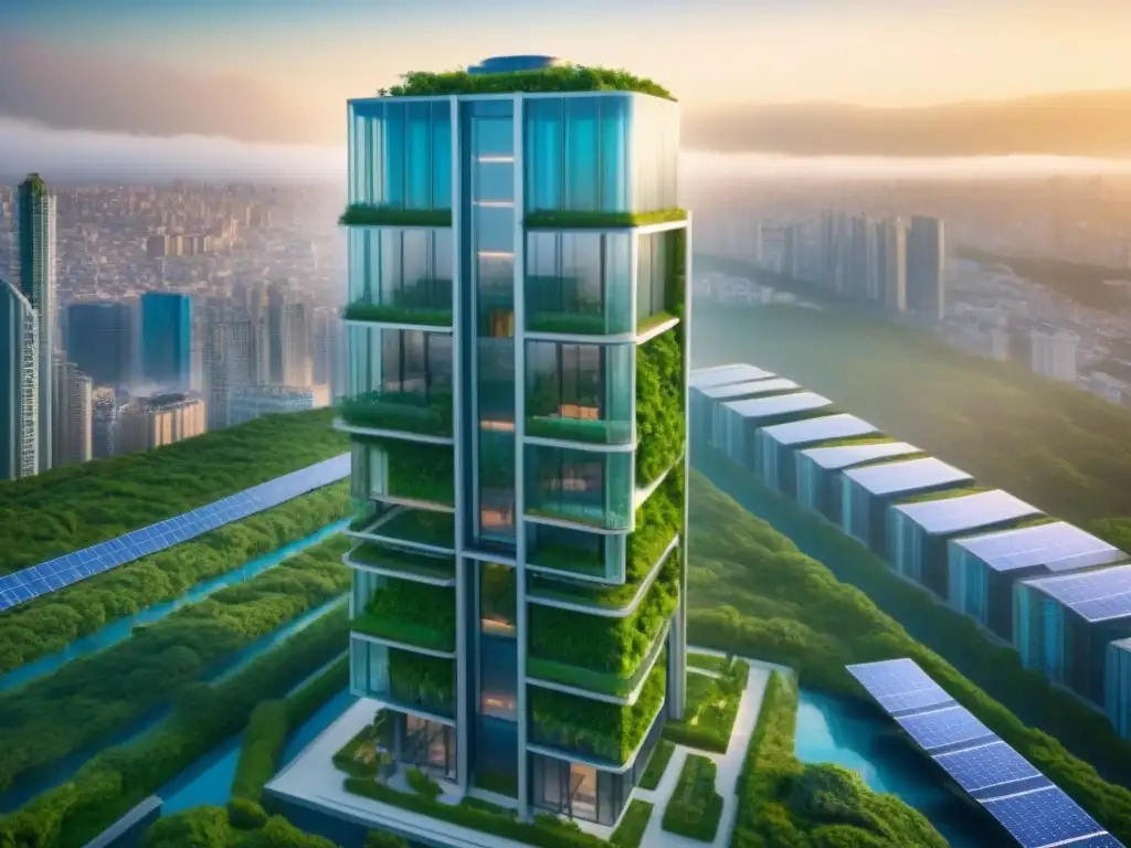 Complejo futurista sostenible con diseño innovador y vegetación exuberante Un complejo futurista de rascacielos sostenibles con diseño innovador, integrando vegetación y paneles solares