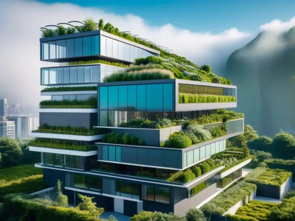 Complejo sostenible futurista: arquitectura ecoinnovadora en PropTech Un complejo futurista sostenible con arquitectura moderna y tecnología verde