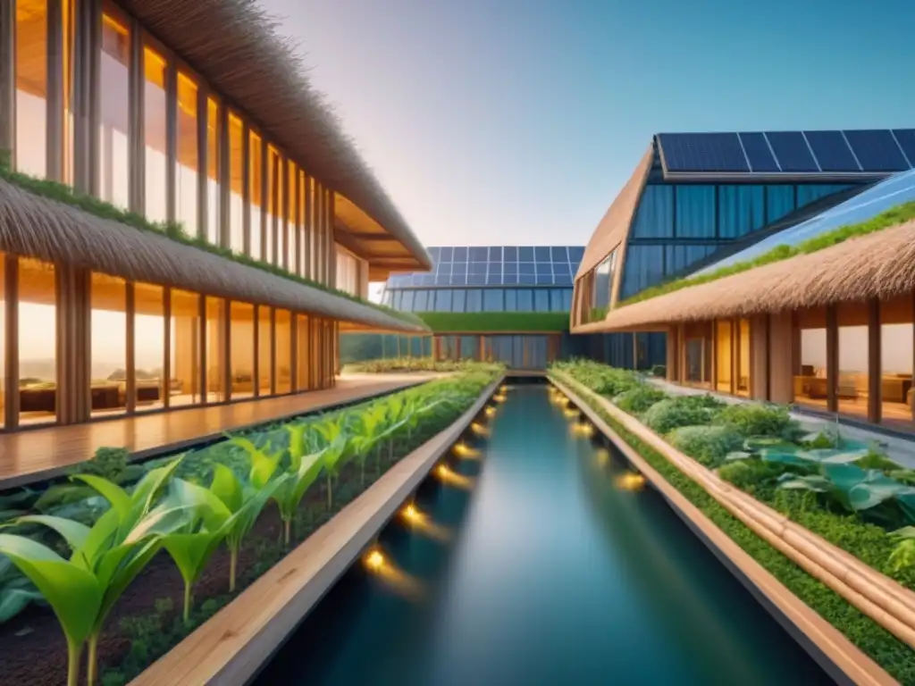 Complejo eco-arquitectónico: fusión de naturaleza y tecnología Un complejo futurista sostenible de bioarquitectura como inversión inmobiliaria, integrando naturaleza y tecnología moderna al atardecer