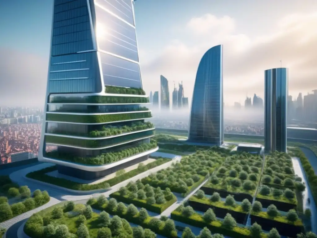Complejo futurista sostenible en ciudad internacional Complejo futurista sostenible en ciudad internacional: arquitectura moderna en armonía con naturaleza y tecnología