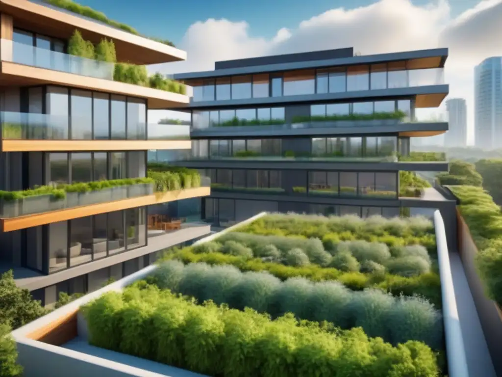 Edificio futurista eco-friendly con vegetación exuberante Un complejo futurista sostenible con diseño ecológico y mucha vegetación, ilustrando prácticas de inversión sostenible inmobiliaria
